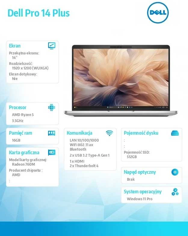 Nešiojamas kompiuteris Dell Pro 14 Plus PB14255 Ryzen 5 PRO 230 / 16 GB / 512 GB / W11 Pro (BTO504_PB14255_EMEA)