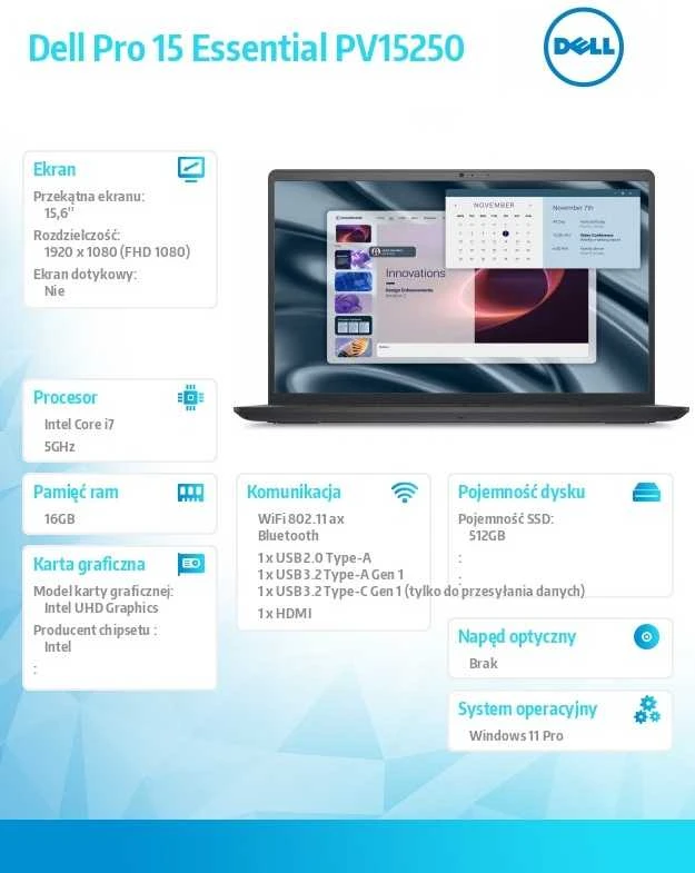 Dell Pro 15 Essential - i7-1355U | 15,6" | 16GB | 512GB | Win11Pro | Juodas
