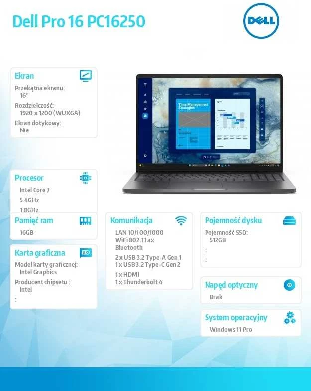 Nešiojamas kompiuteris Dell Pro 16 pc16250 w11p c7 150i/16gb/512gb cl25/fgrpr/fhd ir kamera bei mikrofonas/wlan+bt/16.0 fhd+/bcklkb/3c/3yps magnetito spalvos, tekstūruota apdaila