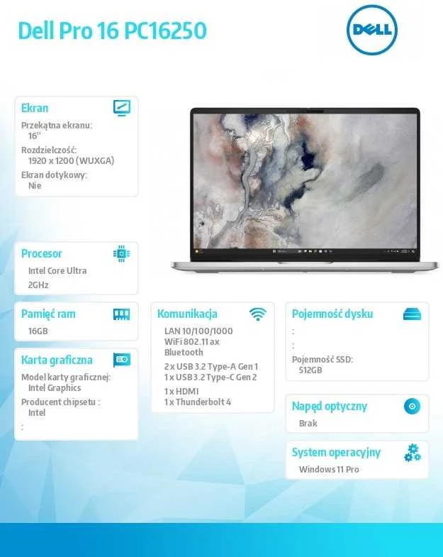 Nešiojamas kompiuteris Dell Pro 16 - Ultra 7 255U | 16" | 16GB | 512GB | Win11Pro