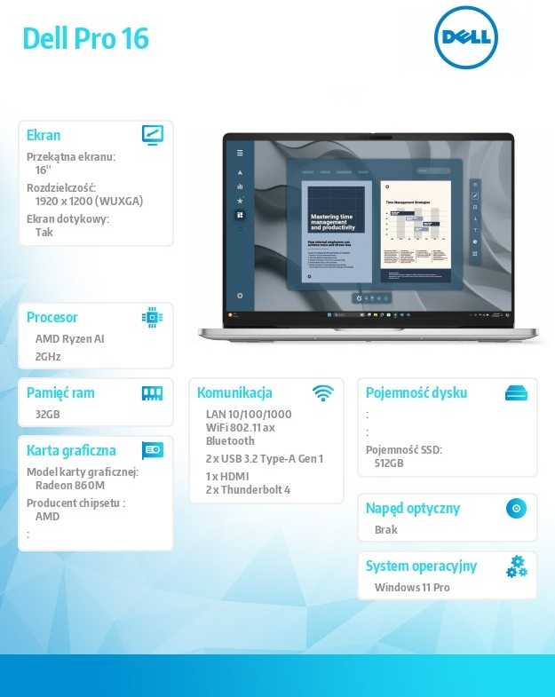 Nešiojamas kompiuteris Dell Pro 16 pc 16255 / AMD Ryzen 7 Pro 350 / 32 GB / 512 GB SSD CL25 / 16.0 FHD+ touch / Radeon 860m / FGRPR / FHD / IR kamera / mikrofonas / belaidis internetas + BT / KB apšvietimas / 3Cell / W11P