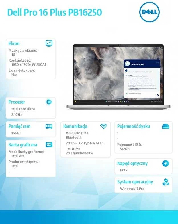 Nešiojamas kompiuteris Dell Pro 16 Plus - Ultra 5 236V | 16" | 16GB | 512GB | Win11Pro | PB16250