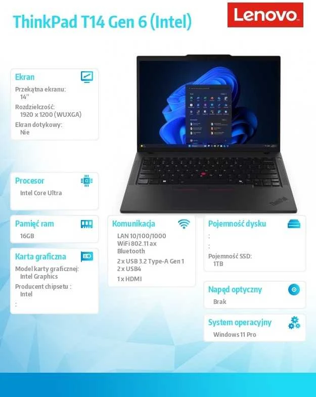 Lenovo ThinkPad T14 G6 - Ultra 7 255U | 14"-WUXGA-400 nitów | 16GB | 1TB | Win11Pro