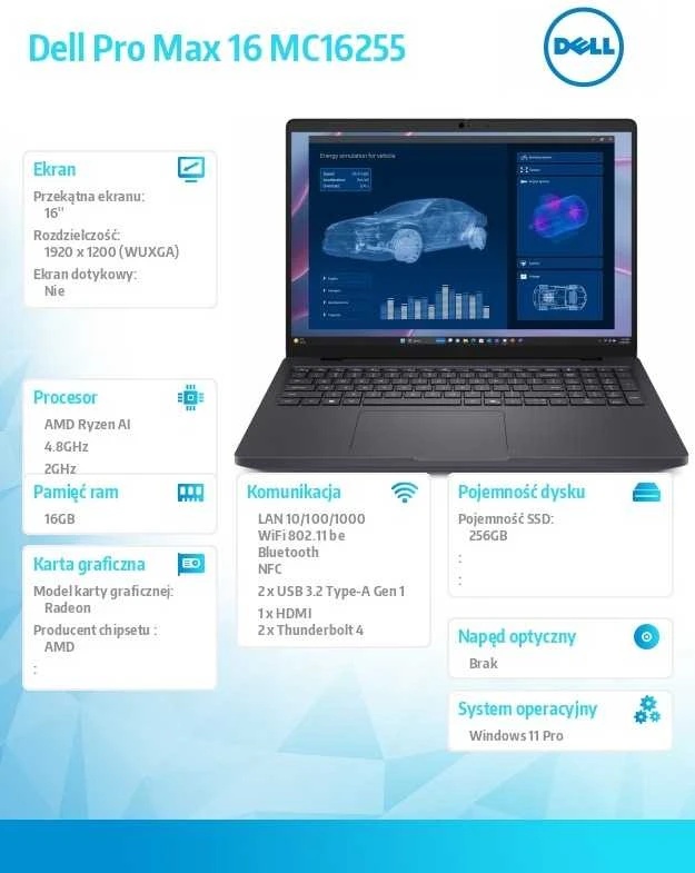 Nešiojamas kompiuteris „Dell Pro Max 16“ darbo stotis MC16255, „Windows 11 Pro“, AMD Ryzen 340, 16 GB, 256 GB, FGRPR ir SMTCD, FHD kamera ir mikrofonas, WLAN+BT, 16.0 FHD+, 4 celių, 100 W / 3 YPS