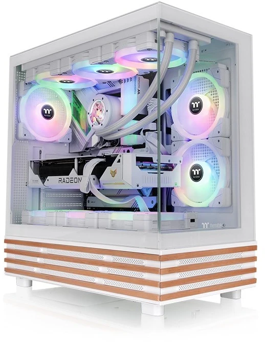 „Thermaltake View 270 Plus WS ARGB“, bokšto tipo korpusas – baltas/medinis, 2 grūdinto stiklo plokštės, medinė konstrukcija
