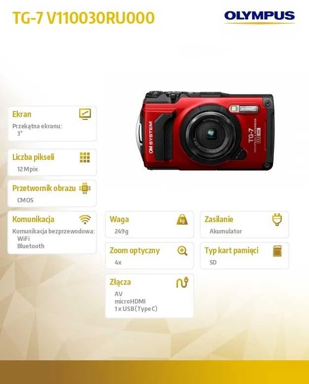Olympus Olimpas | Skaitmeninis fotoaparatas | TG-7 | 12 MP | ISO jautrumas (maks.) 12800 | Ekrano įstrižainė 3,0" | Vaizdo įrašymas | Wi-Fi | TTL iESP automatinis fokusavimas su kontrasto aptikimu | 1/2,33" CMOS | Raudona