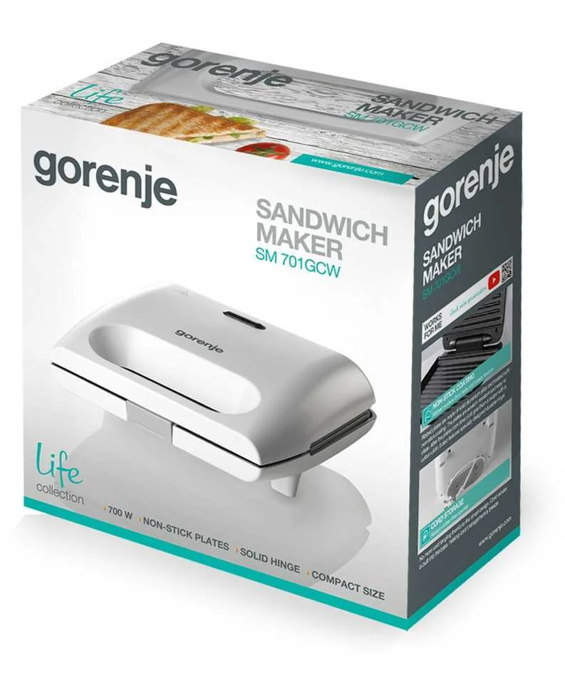 Sumuštinių keptuvas Gorenje | Sumuštinių keptuvė | SM701GCW | Lėkščių skaičius: 1 | Panini sumuštinių keptuvė | Tešlos formų skaičius: 1 | 700 W | Baltas