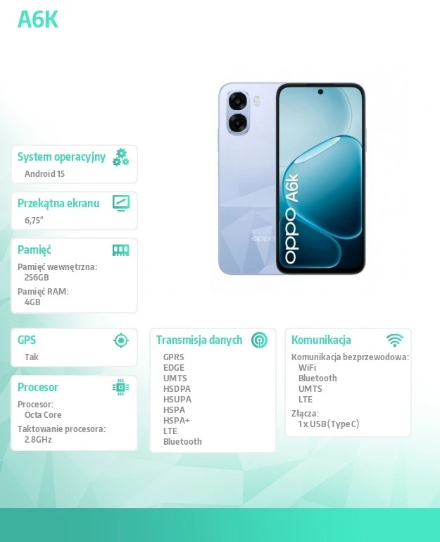 Oppo Išmanusis telefonas a6k 4g 4/256gb cph2891 šviesiai violetinis