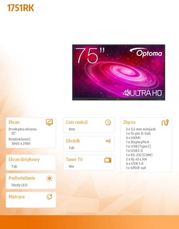 Monitorius Optoma 75 kalibro 1751RK 4K UHD, 8 GB RAM / 64 GB ROM, 40 pirštų lietimui jautrus ekranas, „Android 14“