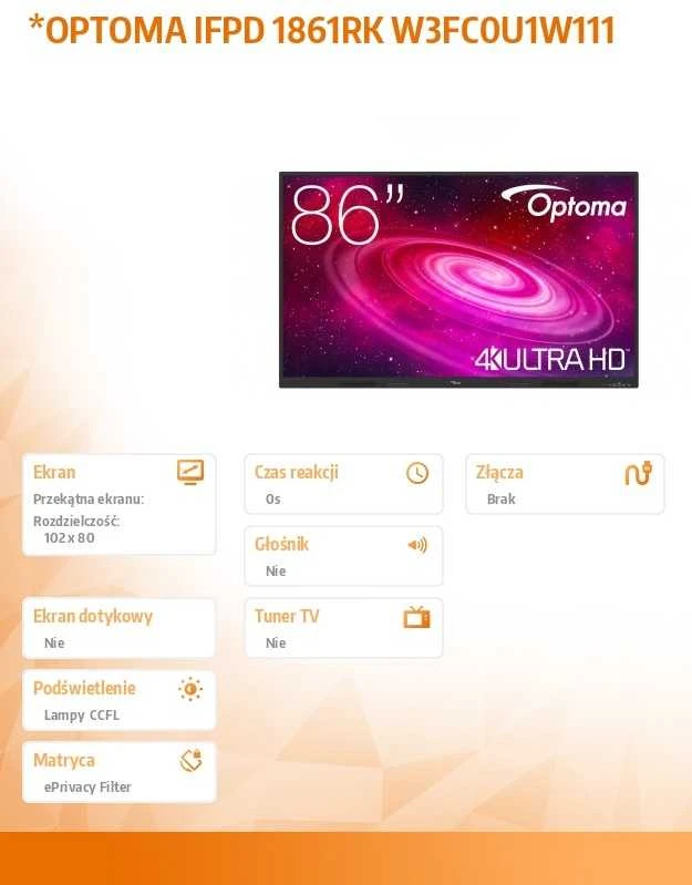 Monitorius Optoma 86 kalibras 1861RK 4K UHD, 8 GB RAM / 64 GB ROM, 40 pirštų lietimui jautrus ekranas, „Android 14“