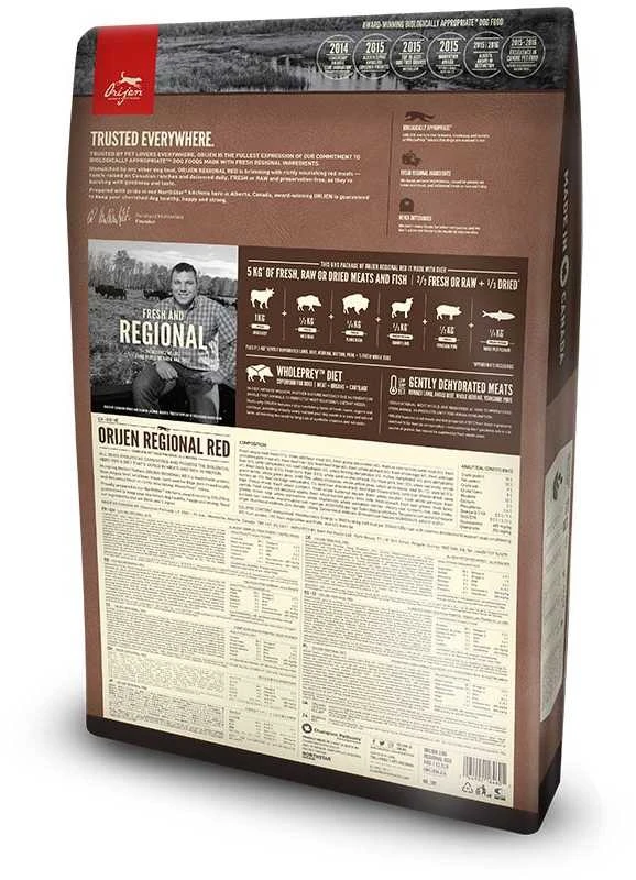 Šunų Maistas - ORIJEN Regional Raudona 6kg 38% Baltymų, 18% Riebalų Be Gliuteno