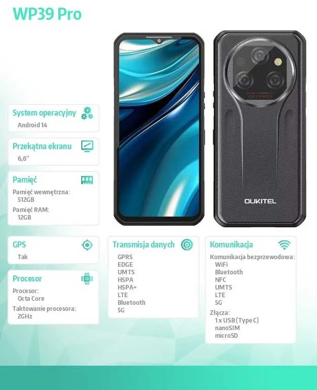 Išmanusis telefonas Oukitel WP39 Pro 5G 12/512GB Pilka (WP39Pro-GY/OL)
