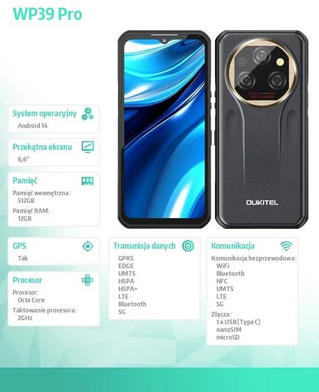 Išmanusis telefonas Oukitel WP39 Pro 12/512 11000mAh auksinis