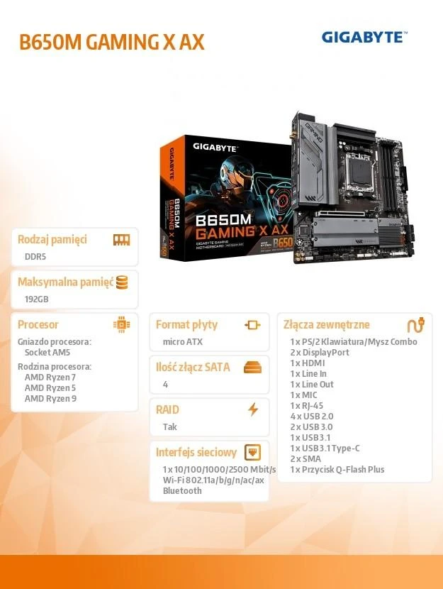 Pagrindinė plokštė GIGABYTE B650M GAMING X AX AM5 4xDDR5 4xSATA 2xM.2 1xHDMI 2xDP