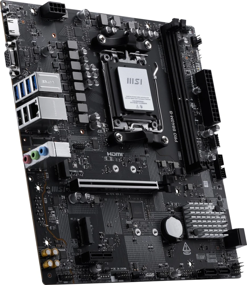 Pagrindinė plokštė MSI PRO B840M-B | Procesorių šeima AMD | Procesoriaus lizdas AM5 | DDR5 | Palaikomos standžiojo disko sąsajos SATA, M.2 | SATA jungčių skaičius 4