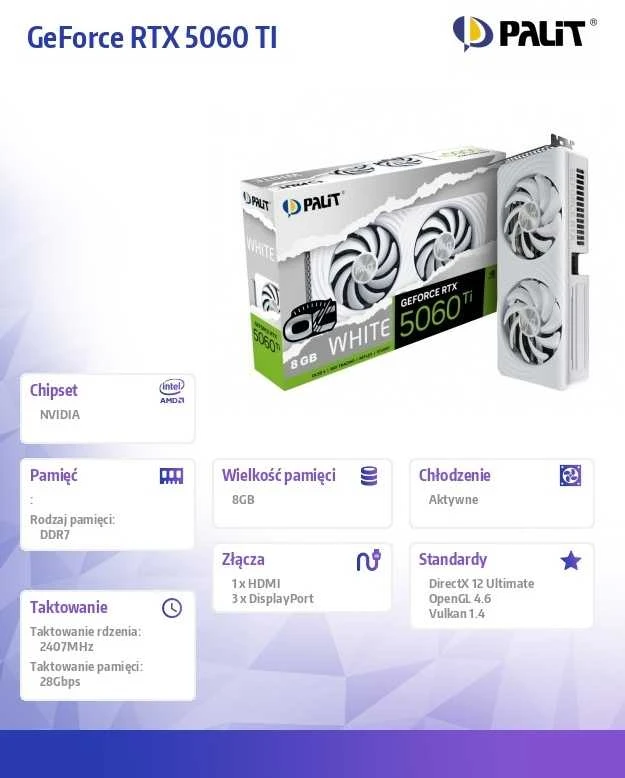 Vaizdo plokštė Palit GeForce RTX 5060Ti balta OC NVIDIA 8GB GDDR7