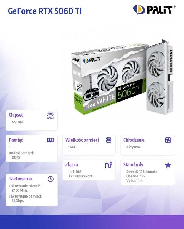 Vaizdo plokštė PALIT RTX 5060 Ti Baltas OC 16GB GDDR7