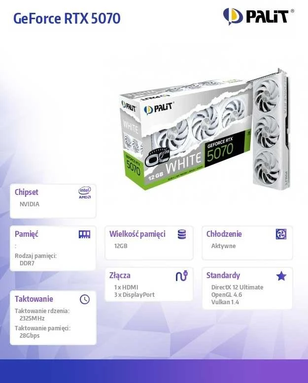 Vaizdo plokštė Palit GeForce RTX 5070 Baltas OC Grafikos plokštė, 12288 MB GDDR7
