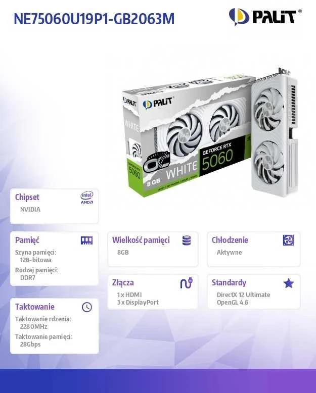 Vaizdo plokštė Palit GeForce RTX 5060 Baltas OC NVIDIA 8 GB GDDR7