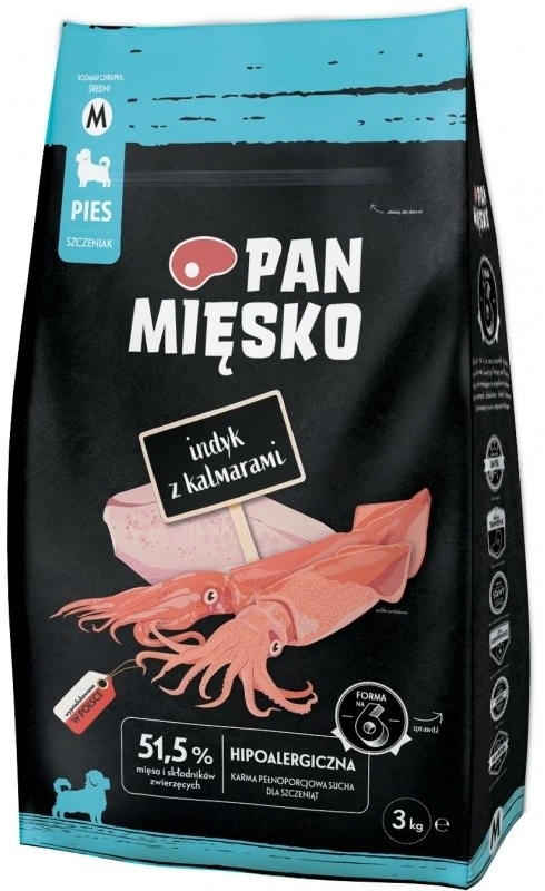PAN MIĘSKO Šuniukų kalakutiena su kalmarais M - sausas šunų ėdalas - 3kg
