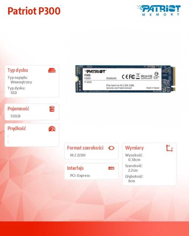 Kietasis vidinis diskas Patriot P300 M.2 PCIe Gen 3 x4 512GB SSD