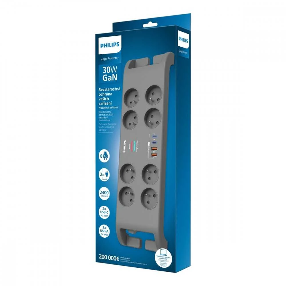 „Philips“ viršįtampių apsaugos juostelė, 2 m, 8 lizdai, 2xUSB-C, 2xUSB-A, 30 W galia, 2400 J apsauga nuo viršįtampių
