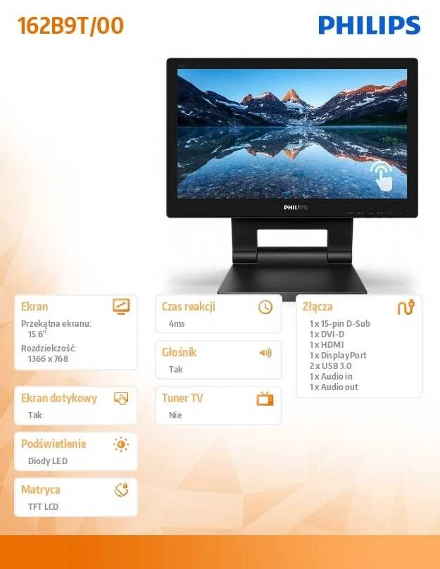 Philips Monitorius 162b9t 15.6 colio „Calible LED“ lietimui jautrus ekranas su DVI, HDMI, DP ir kišeniniu ekranu.
