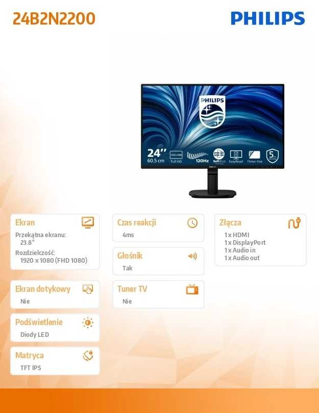 „PHILIPS 24B2N2200/00“ 23,8 colio FHD 16:9 IPS 120 Hz D-SUB HDMI 1.4 DP 1.2 monitorius