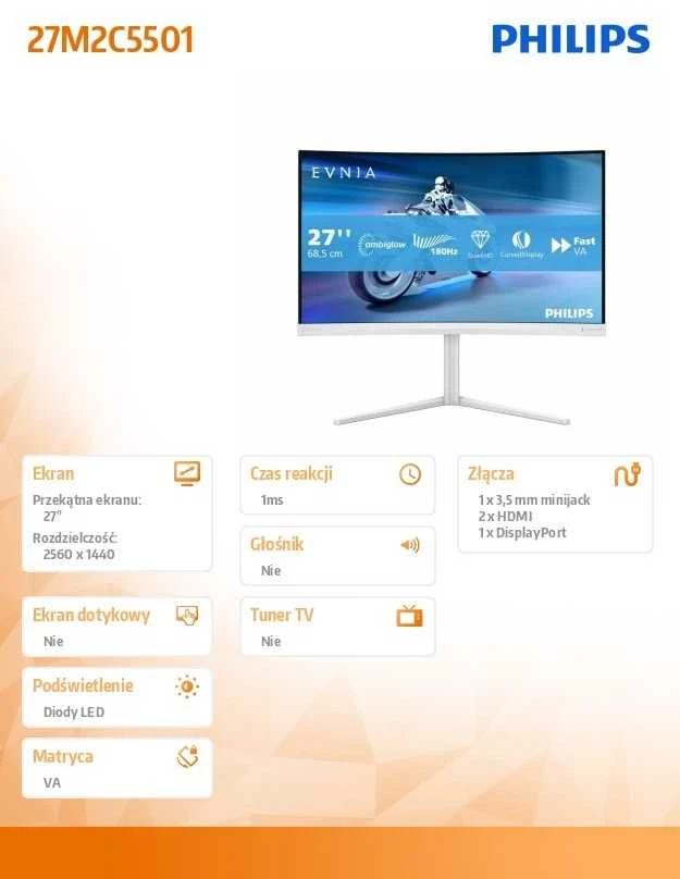 Lenktas monitorius Philips 27M2C5501/00 | 27" | 2560x1440 | 180Hz | 1 ms | Baltas