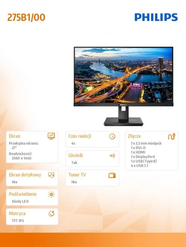 Monitorius Philips B Line 275B1/00 LED ekranas 68,6 cm (27") 2560 x 1440 pikseliai 2K Ultra HD LCD Juoda