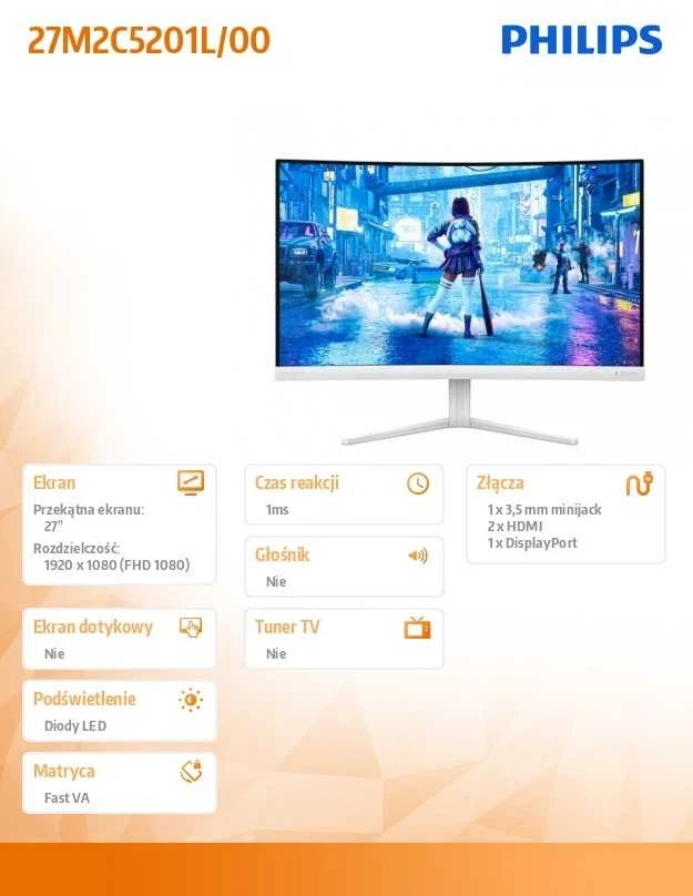 Monitorius Philips | 27M2C5201L/00 | 27 " | VA | 16:9 | 180 Hz | 1 ms | 1920 x 1080 pikselių | 300 cd/m² | HDMI jungtys quantity 2 | Baltas