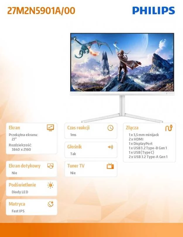 Monitorius „Philips 27M2N5901A/00“ – 160 Hz | 4K | Greitas IPS | 27 colių