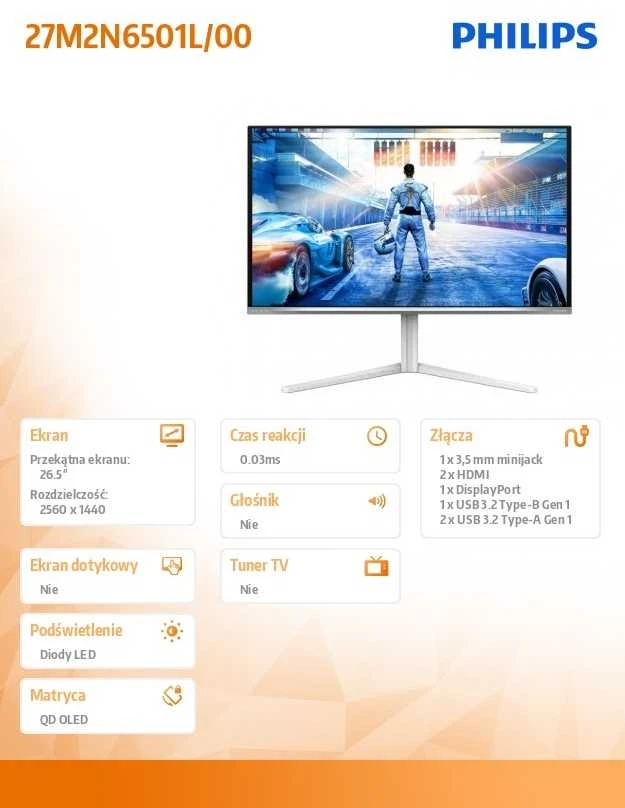 Monitorius Philips | 27M2N6501L/00 | 27 " | QD-OLED | 16:9 | 240 Hz | 0.03 ms | 2560 x 1440 pikselių | 400 cd/m² | HDMI jungtys quantity 2 | Baltas