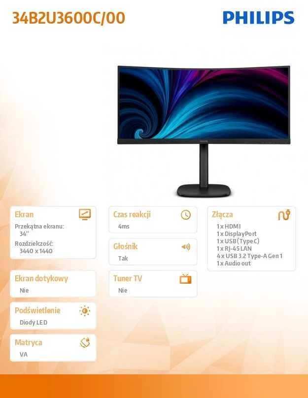 Monitorius Philips | 34B2U3600C/00 | 34 " | VA | 21:9 | 60 Hz | 4 ms | 3440 x 1440 pikselių | 300 cd/m² | HDMI jungtys quantity 1 | Juodas
