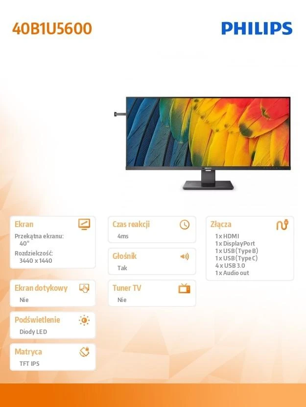 Monitorius Philips 40B1U5600/00, 40", IPS, 3440 x 1440, 4 ms, 500 cd/m², Juodos spalvos