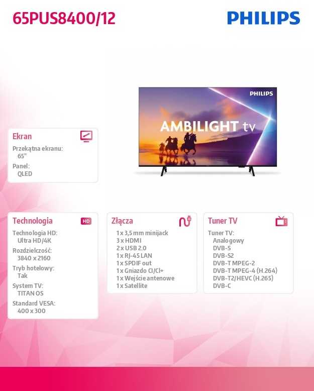 Televizorius PHILIPS 65" 65PUS8400 QLED 4K Dolby Atmos Ambilight