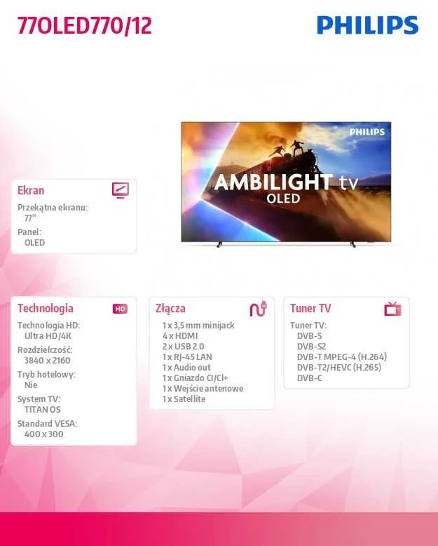 Televizorius Philips OLED 4K Ambilight TV | 77OLED770/12 | 77" | Smart TV | TITAN OS | UHD