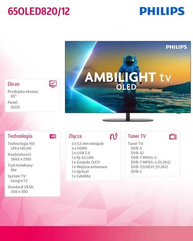 Televizorius Philips 4K „Ambilight“ 65" 65OLED820/12