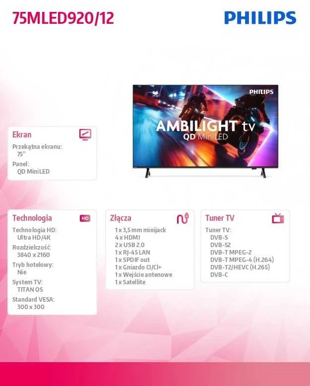 „Philips QD Smart Ambilight Mini LED“ televizorius 75MLED920