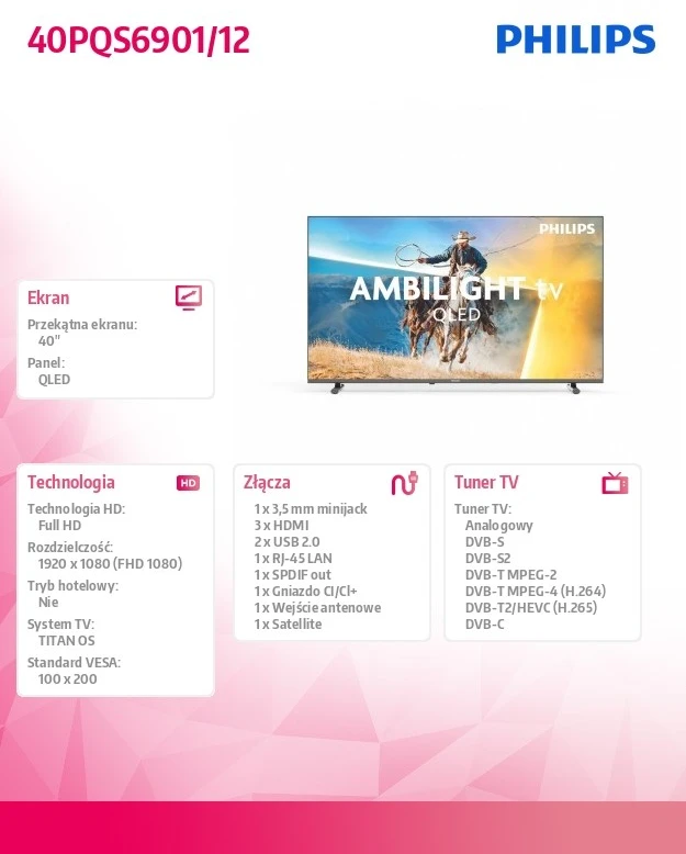 Televizorius PHILIPS 40PQS6901/12 40" QLED FullHD 60Hz TitanOS Ambilight x3 2026