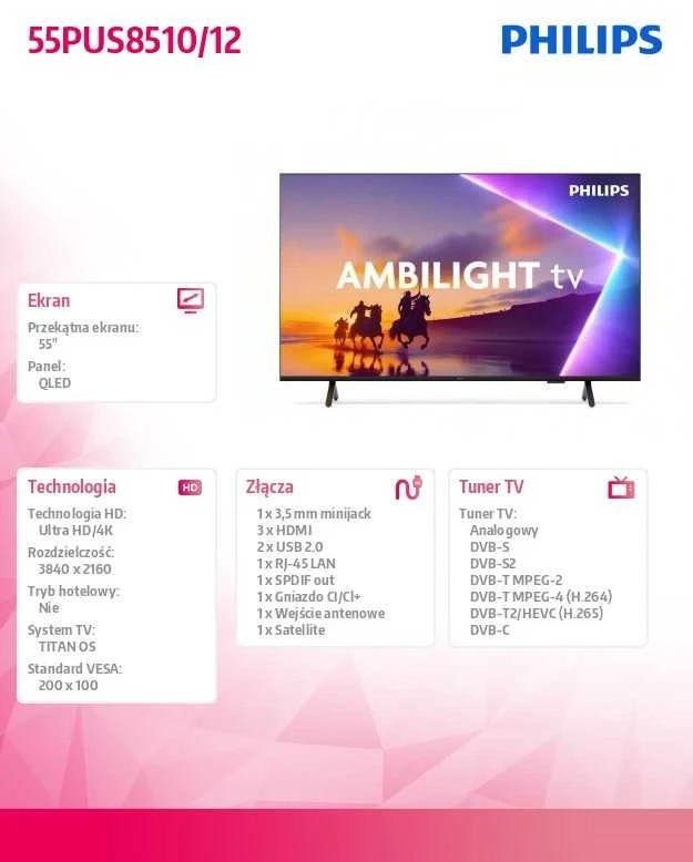 4K „Ambilight“ televizorius | 55PUS8510/12 | „Philips 55“ | Išmanusis televizorius | TITAN OS | 4K UHD | Juodas