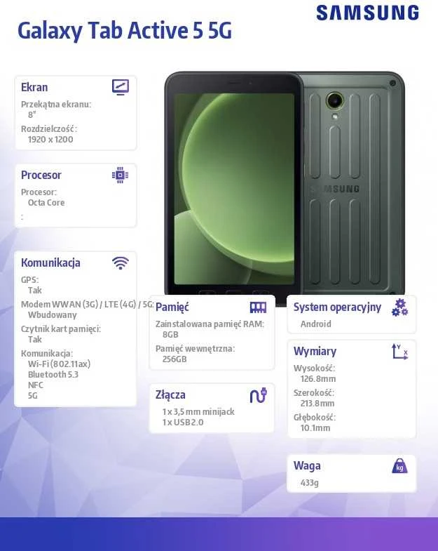 Planšetė „Samsung Galaxy Tab Active5 SM-X306B 5G“ „Samsung Exynos LTE-TDD & LTE-FDD“ 256 GB 20,3 cm (8 colių) 8 GB „Wi-Fi 6“ (802.11ax) „Android“ 14 Žalia