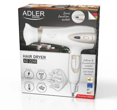 Adler | Plaukų džiovintuvas | AD 2248 | 2400 W | Number of temperature settings 3 | Ionic function | Diffuser nozzle | Baltas