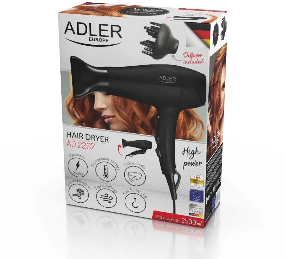 Adler | Plaukų džiovintuvas | AD 2267 | 2100 W | Number of temperature settings 3 | Diffuser nozzle | Juodas
