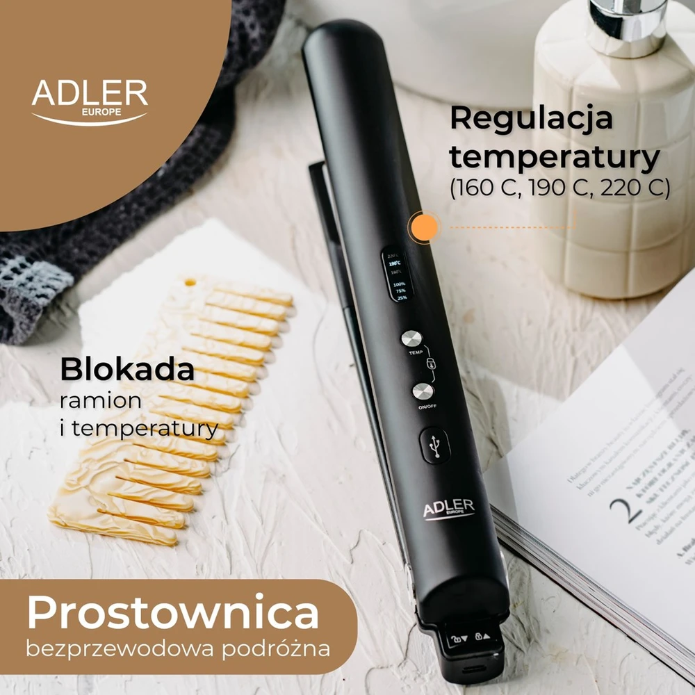 Adler Cordless Plaukų tiesintuvas | AD 2327 | Ceramic heating system | Ekranas LED | Temperature (min) 160 °C | Temperature (max) 220 °C | Juodas