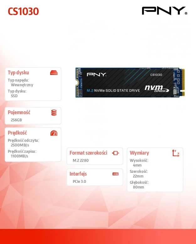 PNY Dysk SSD 256GB CS1030 M.2 2280 PCIe urmu
