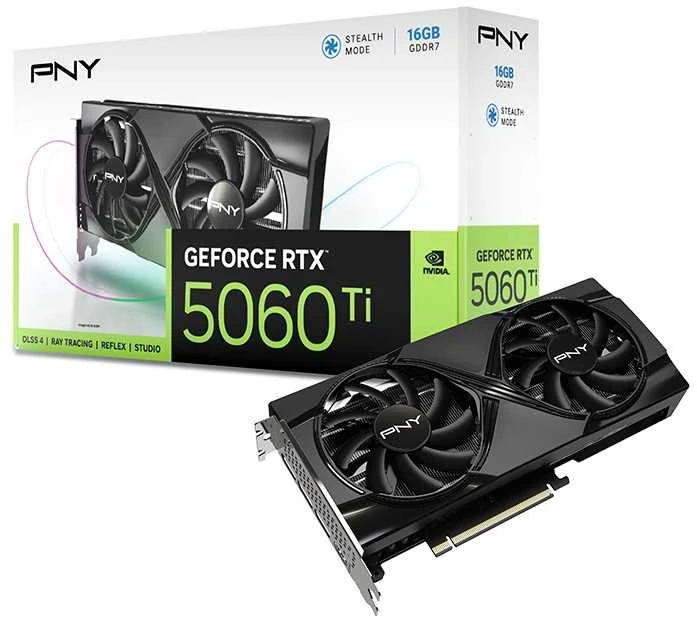 PNY GeForce RTX 5060 Ti dviejų ventiliatorių 16 GB GDDR7 DLSS4 vaizdo plokštė (VCG5060T16DFXPB1)
