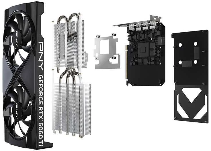 PNY GeForce RTX 5060 Ti dviejų ventiliatorių 16 GB GDDR7 DLSS4 vaizdo plokštė (VCG5060T16DFXPB1)