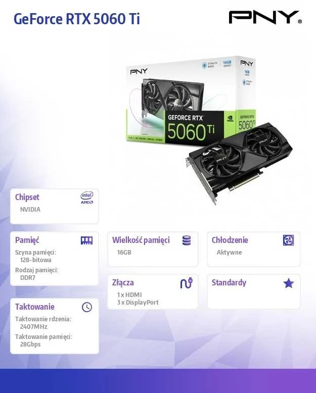 PNY GeForce RTX 5060 Ti dviejų ventiliatorių 16 GB GDDR7 DLSS4 vaizdo plokštė (VCG5060T16DFXPB1)