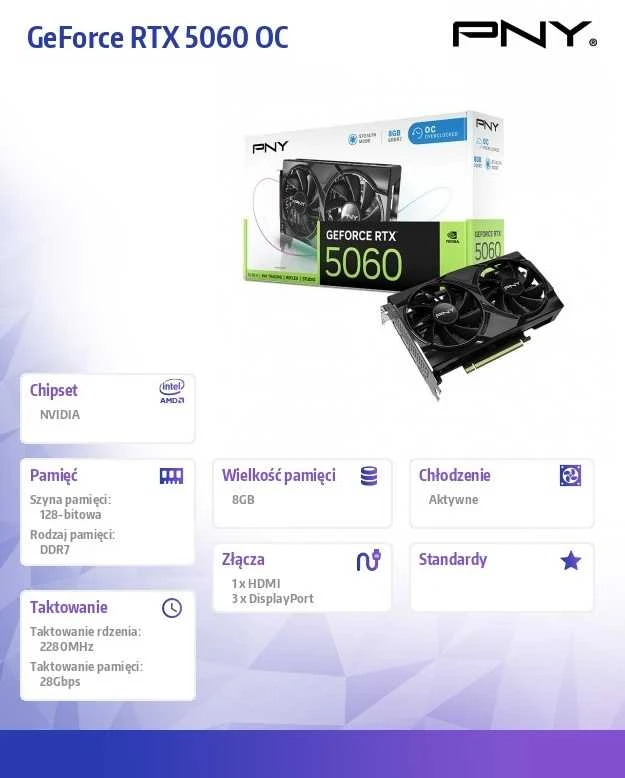 Vaizdo plokštė PNY GeForce RTX 5060 su dviem ventiliatoriais, 8 GB OC, DLSS 4